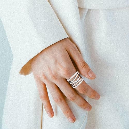 HAIXIAN Classic Silver Plain Multi Cross Lines Wide Band Ring,Silver plated Statement Thumb Index Finger Chunky Band Ring,Cocktail Party Ring for Women thumbnail 5