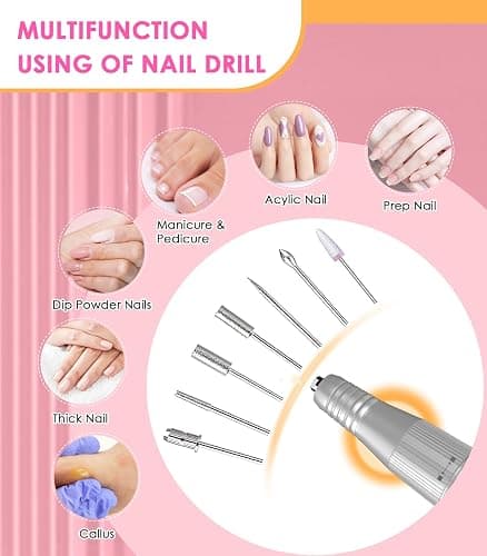 Portable Nail Drill Electric File: 40000RPM Professional Rechargeable Nail E-File Machine, Cordless Nail Drill with Bits & Base for Acrylic Nails Remove Nail Gel Polish Manicure for Salon Home, White thumbnail 6