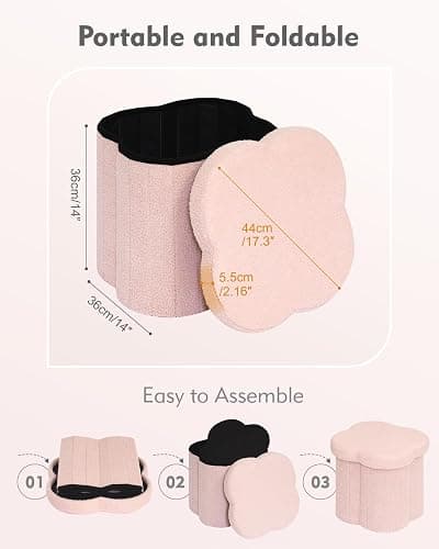 B FSOBEIIALEO Storage Ottoman Cube, Flowers Shaped Ottomans with Storage Foot Stool Footrest, Boucle Ottoman Seat for Dorm Room, Faux Teddy Fur, Pink 15"x15"x15" thumbnail 3