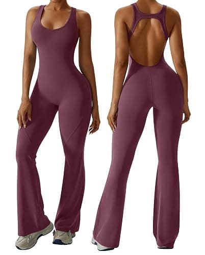 OEAK Womens Flare Jumpsuit with Bra Tummy Control Cutout Romper Workout Outfit Sleeveless Unitard One Piece Backless Bodysuit - Image 1