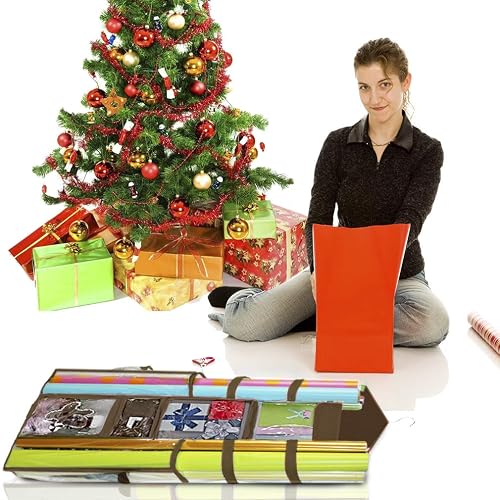 ProPik Hanging Double Sided Wrapping Paper Storage Organizer with Multiple Pockets, Organize your Gift Wrap, Gift Bags, Bows, Ribbons 40"X17" Fits 40 Inch Rolls Clear PVC Bag (Brown) thumbnail 8