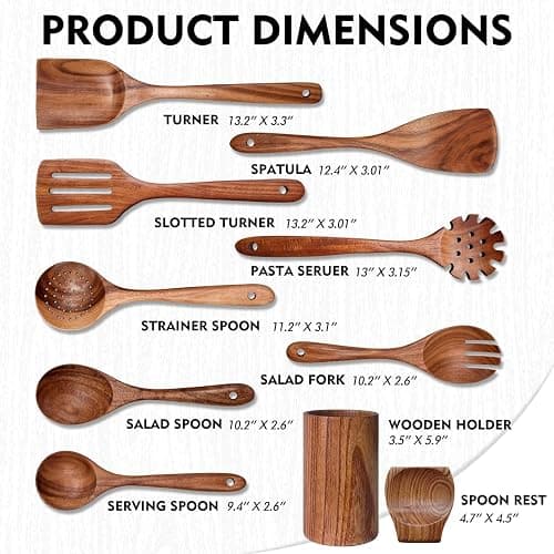 Wooden Spoons for Cooking 10 Pieces Set, Kitchen Utensils Spatula, Wooden Cooking Utensils Spoons, with Spoon Rest, Strainer Spoon, Pasta server, Fried Spatula and Salad Fork, Utensil Holder thumbnail 4
