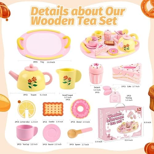 Tea Party Set Wooden Tea Sets for Toddlers 3-5 Play Food Pretend Play Toys Kids Tea Set for Girls 6-8 Birthday Gift Wooden Tea Party Set for Little Girls 3 4 5 6 Years Old Outdoor Tea Time Game thumbnail 2