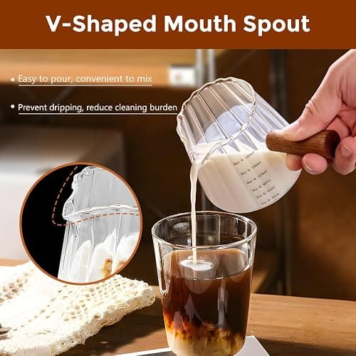 YARRAMATE 2 Pack 6 oz/180ML Glass Measuring Cup with Wooden Handle – Espresso Shot Cups, Ribbed Milk Frothing Pitcher, Dual Scale Markings, V-Shaped Mouth for Easy Pouring thumbnail 4