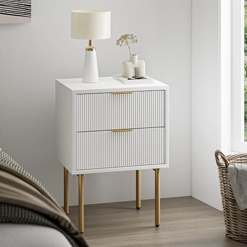 Masupu Nightstand,Mid-Century Modern Bedside Table with 2 Storage Drawer,Small Gold Frame Side End Table for Bedroom,Living Room, White thumbnail 3