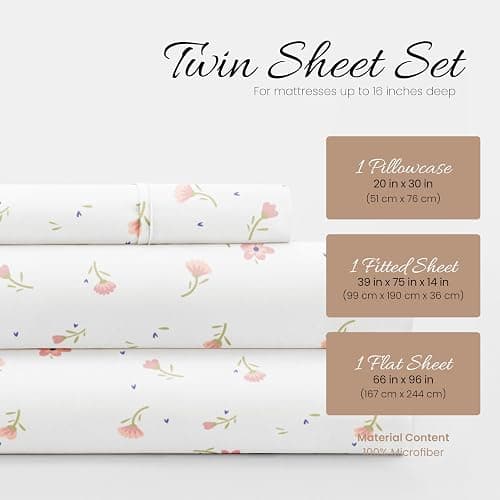 Linen Market Double-Brushed Patterned Microfiber Twin Sheet Set 3 Piece – Oeko-TEX Certified Ultra Soft & Wrinkle-Free - 16" Deep Pocket Sheets - Easy Care Twin Size - Soft Floral Pink thumbnail 2