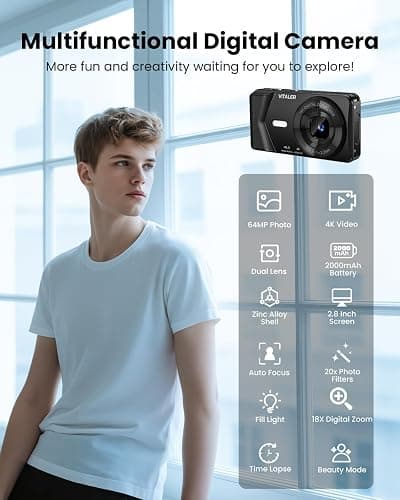 Vitaler Digital Camera, Autofocus 48MP 4K FHD Camera for Photography with 32GB Card, Portable Compact Point and Shoot Digital Camera for Teens Adult Beginner Kids with Metal Shell, 2000 mAh Battery thumbnail 4