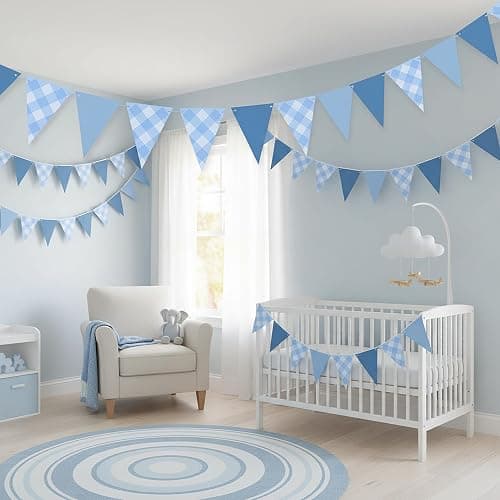 Blue Pennant Flag Banner for Boy Birthday Party Decor, Blue Gingham Triangle Banner Garland for Nautical Wedding Birthday Party Ahoy Achor Bridal Baby Shower Supplies thumbnail 2