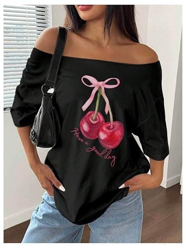 RoseSeek Women's Off The Shoulder Tops Floral Graphic Oversized Tshirts Shirts Y2k Summer Tops Trendy thumbnail 5
