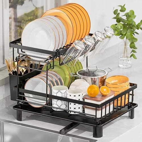 DMTXCRP Dish Drying Rack, Large 2 Tier Stainless Steel Dish Rack for Kitchen Counter with a Drainboard, Cutlery, Cup Holder, Kitchen Organizers and Storage Rack, 17" L x 13" W, Black - Image 1
