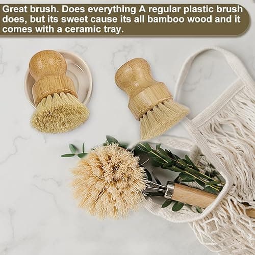 Wooden Dish Brush Set Clean Pots, Pans and Vegetable, Natural Bristles Bamboo Scrub Brushes with Ceramic Dish - 1 Long Handle Dish Brush + 2 Palm Scrubbing Brush thumbnail 6