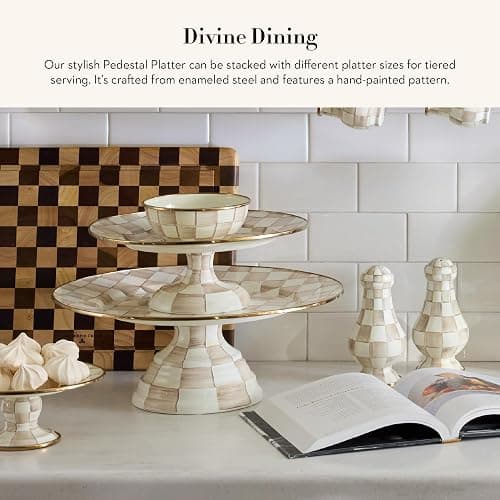 MACKENZIE-CHILDS Enamel Pedestal Platter, Round Cake Stand, Mini, Brown-and-White Mocha Check thumbnail 4