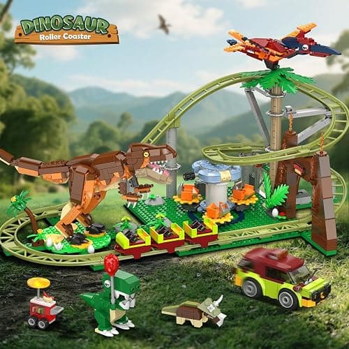 HOGOKIDS Dinosaur Roller Coaster Building Set - 1222PCS Rollercoaster Building Toy with 4 Dinosaur, Off-Road Vehicle, Food Cart, Dinosaur Models Playset Gift for Adults Kids Girls Boys Ages 8-12 Year thumbnail 2