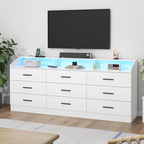 9 Drawers Dresser for Bedroom with Power Outlet,Modern Dresser w/ LED Light | Chest of Drawers, Dressers with Open Storage Cubby, Triple Wide Dressers Organizer for Living Room thumbnail 7