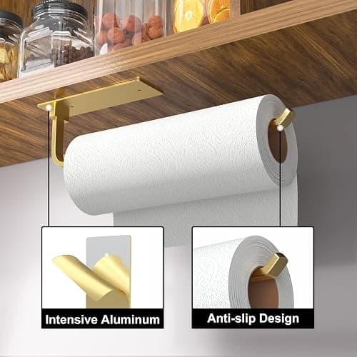Paper Towel Holder - Self-Adhesive or Drilling, Gold, Upgraded Aluminum Kitchen Roll Dispenser Under Cabinet, Lighter but Stronger Than Stainless Steel! thumbnail 3