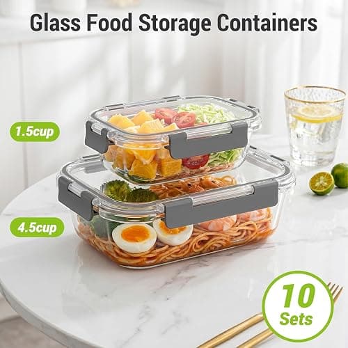 Dealusy 10 Sets (20-Piece) 36 oz & 12 oz Glass Food Storage Containers with lids, Airtight Leak-proof Glass Meal Prep Containers with Lids, Microwave Oven Freezer Dishwasher Safe, Gray thumbnail 3