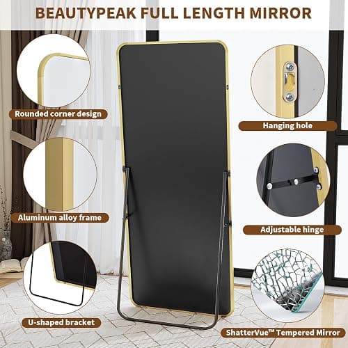 BEAUTYPEAK Gold Full Length Mirror, 56"x21" Rounded Corner Floor Mirror Standing Hanging or Leaning Against Wall, Suitable for Bedroom or Dressing Room thumbnail 5
