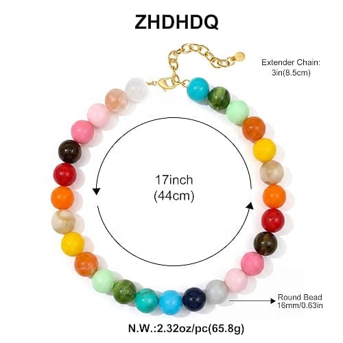 ZHDHDQ Multicolor Chunky Beaded Necklace, Statement Colorful Round Ball Beads Choker Necklace with Gold-Tone Adjustable Chain, Fashion Bold Neck Jewelry for Women thumbnail 5