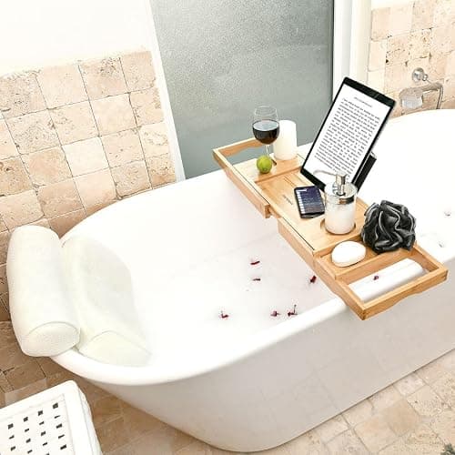 Bath Pillow and Bathtub Tray Set for Tub | Luxurious, Relaxing Home Spa Accessories with Bath Tub Pillows for Head and Neck, Foldable Bath Tray Caddy Organizer | Relaxation Gifts for Women Self Care - Image 1