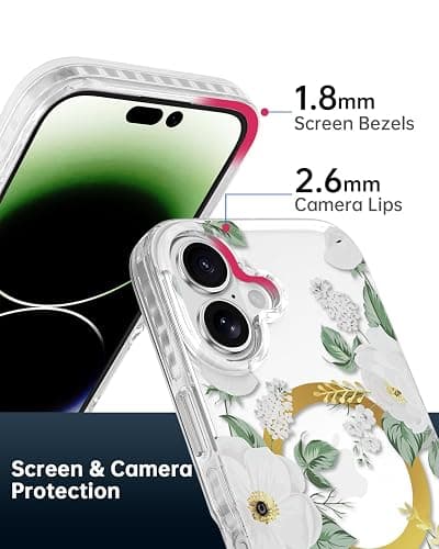 SCORPIFY for iPhone 16 Case [Compatible with MagSafe] with White Rose Floral Design, Cute Clear Flower Magnetic Phone Cover for Women Girls, [Non Yellowing] Slim Bumper with Gold Accents thumbnail 5