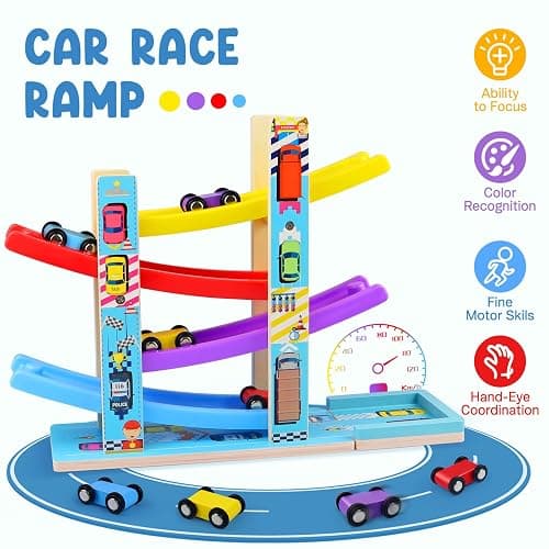 Montessori Toys for Toddlers, Children Race Track Toy with 4 Cars and 1 Wooden Parking Lot, Stable Base, Car Ramp Toy for 1 2 3 Year Old Boy Girl Gifts thumbnail 6