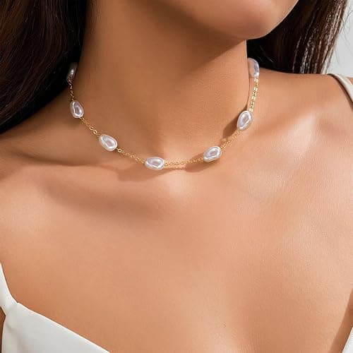SmileBelle Pearl Necklaces, Daisy Pearls Choker for Women's Pearl Strand Necklaces as Silver and Gold Choker for Teens, Silver Daisy Birthday Gifts 3 Pearls White Necklace as Prom Bridesmaid gifts thumbnail 2