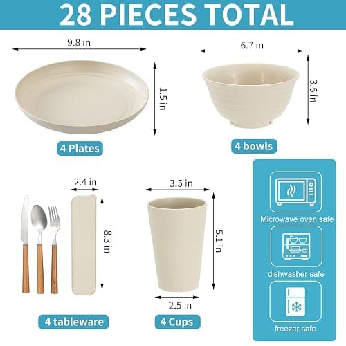 28pcs Wheat Straw Dinnerware Sets for 4, Wheat Straw Plates and Bowls Sets Microwave Safe, Large Plates, Bowls, Cups - Beige thumbnail 3