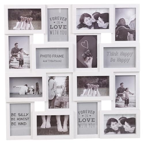 Large Multi Aperture Collage Picture Photo Frame Holds 16 Photos 6x4 Wood Look Square 3D Wall Display Decor (White) - White thumbnail 2