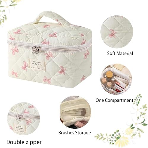 AMULOKRU Quilted Makeup Bag, Large Makeup Bag, Cute Cosmetic Bag for Women Girls, Floral Coquette Aesthetic Travel Toiletry Make Up Organizer Bag-White Bow thumbnail 3