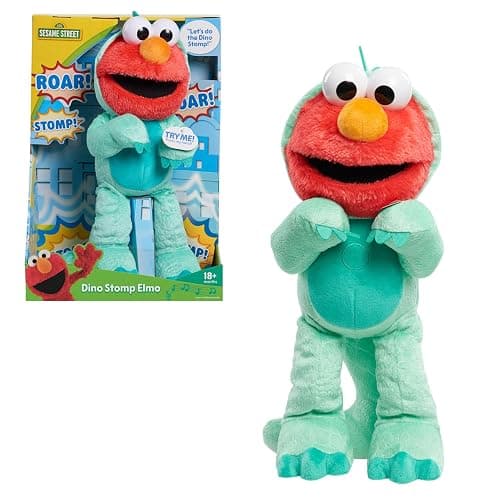 SESAME STREET Dino Stomp Elmo 13-Inch Plush Stuffed Animal Sings and Dances, Kids Toys for Ages 18 Month by Just Play - Image 1