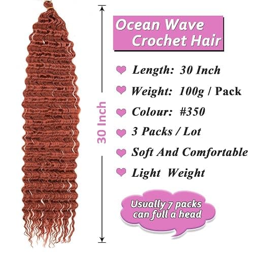 Samtress 24 Inch Ocean Wave Crochet Hair 3 Packs Long Deep Wave Crochet Hair Copper Red Curly Braiding Hair Synthetic Water Wave Bohemian Twist Crochet Braid Hair Extensions (#350) thumbnail 2
