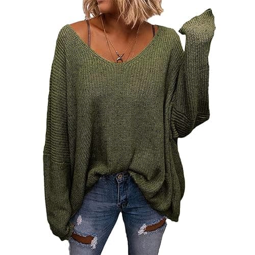 BZB Women's V Neck Long Sleeve Knit Loose Oversized Pullover Sweater Top - Image 1