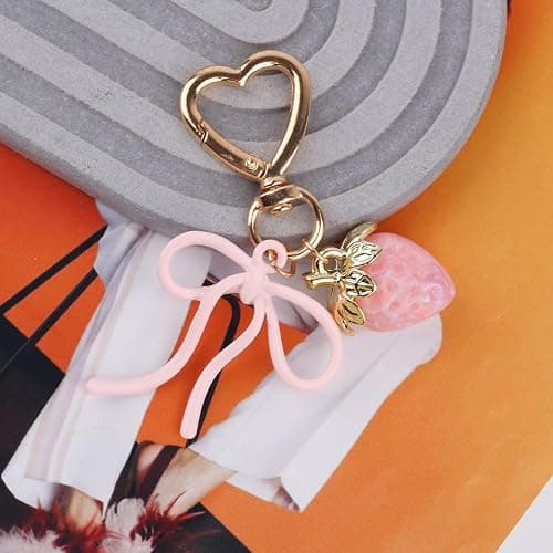 Mikovivi Strawberry Keychain with Bow, Kawaii Bow Heart Key Chains | Pink Cute Strawberry Bag Charms for Purse Backpack Handbag thumbnail 4