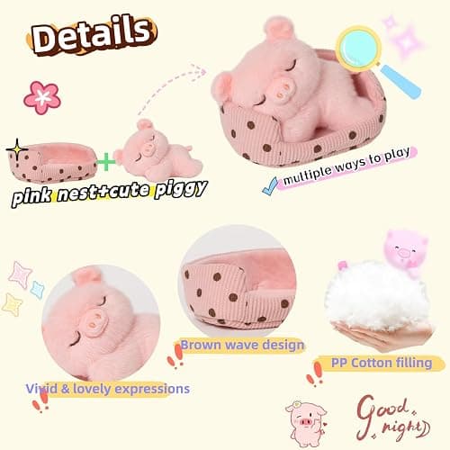 unsnurnoch 5.5" 2-in-1 Sleeping Pig Plush Toy Set, Cute Pink Pig Stuffed Animal with Nest, Soft Piggy Plush Doll for Kids Girls Boys, Kawaii Animal Present for Birthday Christmas Room Decor thumbnail 4