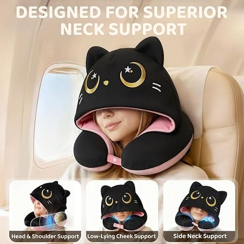 Mewaii Travel Neck Pillow with Hood for Airplanes,Memory Foam,Breathable Ice Silk & Soft Velvet,Double-Sided,Removable to Clean,Adjustable Strap,Portable Travel Pillow for Long Flights Adults & Teens thumbnail 2