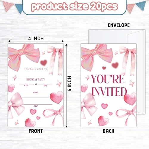 Doreen's Boutique Pink Bow Birthday Invitations for Girls, 20 PCS Double Sided Birthday Party Invitations with Envelopes, 4x6 Inches Coquette Party Invites-11 thumbnail 3