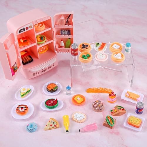95 Pcs Dollhouse Refrigerator Mini Fridge Table Dining Car Toy with Food Set Kitchen Furniture Miniatures Party Fruits Juice Milk Desserts for Children Drink Cake Pretend Play Game Fake Ice Cubes thumbnail 6