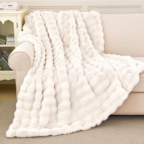 Faux Rabbit Fur Throw Blanket for Couch, Fluffy Warm Plush Thick Bubble Blanket for Bed Sofa Living Room, Soft Cozy Furry Blanket, 50x60 inches, Cream White thumbnail 6