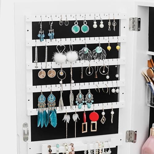 Jewelry Cabinet Fitting Mirror Cabinet,Mirror Jewelry Cabinet Organizer, 35.4-inch Jewelry Armoire with Full-Length Mirror, Wall or Door Mounted Jewelry Storage, Lockable Large Capacity Storage, White thumbnail 2