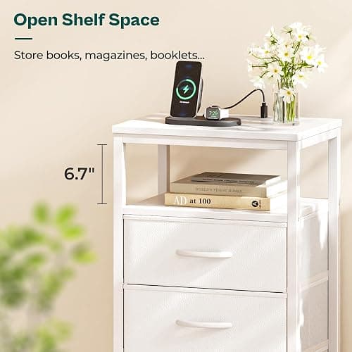 Huuger White Dresser with 5 Drawers & Charging Station, Tall Dresser for Bedroom, Tall Night Stand with PU Leather Finish, Open Shelf, Nightstand for Bedroom, Closet, Hallway, Entryway thumbnail 9