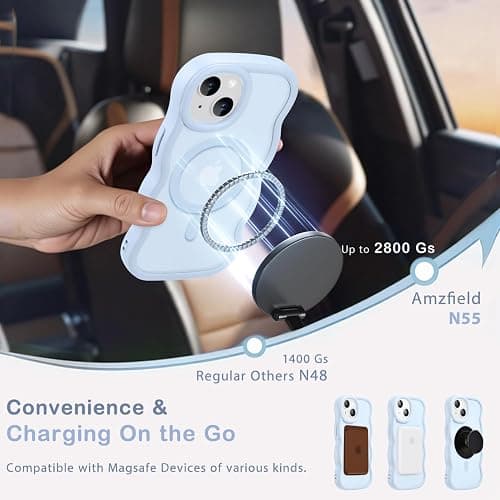 Amzfield Magnetic for iPhone 15 Case, Compatible with Magsafe Wavy Frame Cute Translucent Matte Hard Back Silicone Bumper Shockproof Phone Case for iPhone 15 Women Girls, Light Blue thumbnail 2