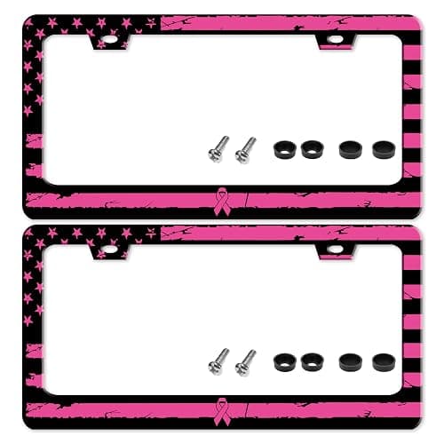 Breast Cancer Awareness Pink Ribbon License Plate Frame 2 Pack American Flag License Plate Holder for Front or Rear Car Tags Reusable Stainless Steel Funny Car Decoration with Screws 6.3 X 12.2 Inch - Image 1