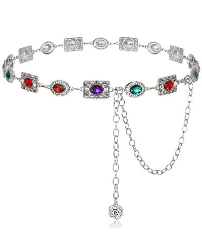 JKEEMI Women Western Concho Chain Belt Vintage Rhinestone Gems Boho Metal Waist Chain Jeans Dress Daily Concert Halloween - Image 1
