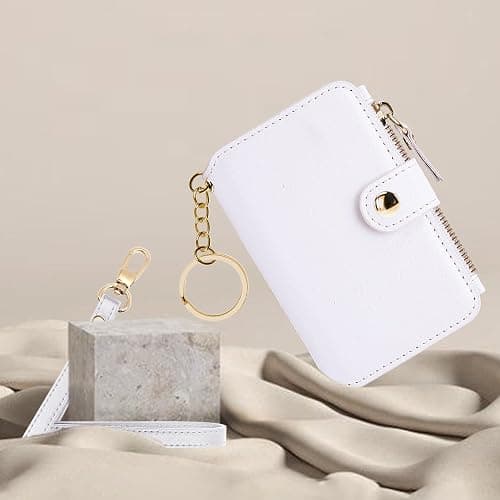 M-Plateau Wallet, Womens card Holder Leather Keychain Wallet With Zipper Coin Pocket ID Window Wrist Strap Gift Box (White) thumbnail 9
