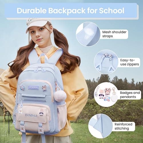Tanou School Backpacks for Girls, 20 Liters Kawaii Girls School Bag with Pendant, Lightweight Nylon Childrens Backpack for Primary Junior School, Blue thumbnail 3
