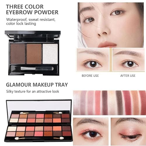 MTDXILTAI All in One Makeup Kit - 2X14 Eyeshadow Palette, Liquid Foundation, Eyeliner Pencils, Contouring Stick, Lip Gloss, 20Pcs Makeup Brushes (Black) thumbnail 6