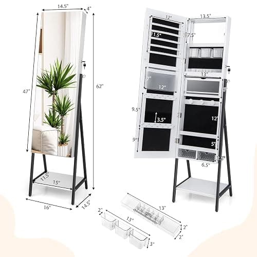 CHARMAID Standing Jewelry Armoire with Full Length Mirror, Lockable Jewelry Cabinet Organizer with Lights, 3 Lighting Modes, Foldable Makeup Tray, Storage Drawers & Shelves (White) thumbnail 3