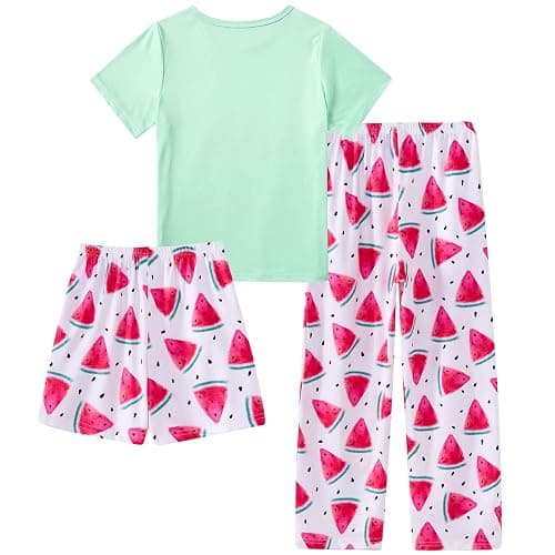 uideazone Girls Pajamas 3 Piece Set Cute Sleepwear Short Sleeve Shirt Pants Shorts Pjs Set 7-14 Years thumbnail 2