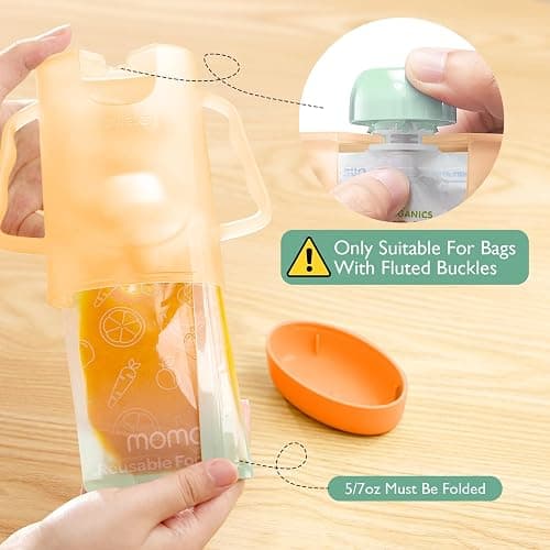 Momcozy Squeeze Pouch Holder for Food Pouches and Drink Boxes, Baby Pouch Holder Allows Baby to Self-feed and Avoid Messes, Baby Food Pouch Holder Handle is Easy to Grip, Comfortable, Green&Orange thumbnail 5