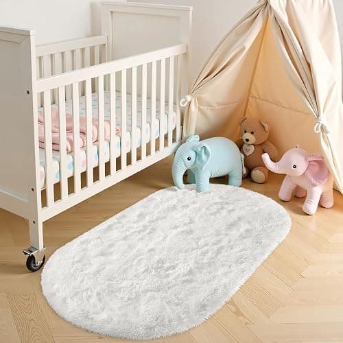 OLANLY Fluffy Soft Area Rugs for Bedroom, 2.6x5.3 Feet Machine Washable Oval Rug, Non-Slip Beside Carpet for Kids Room, Playroom, Nursery, Dorms, Home Decors, Ivory thumbnail 9